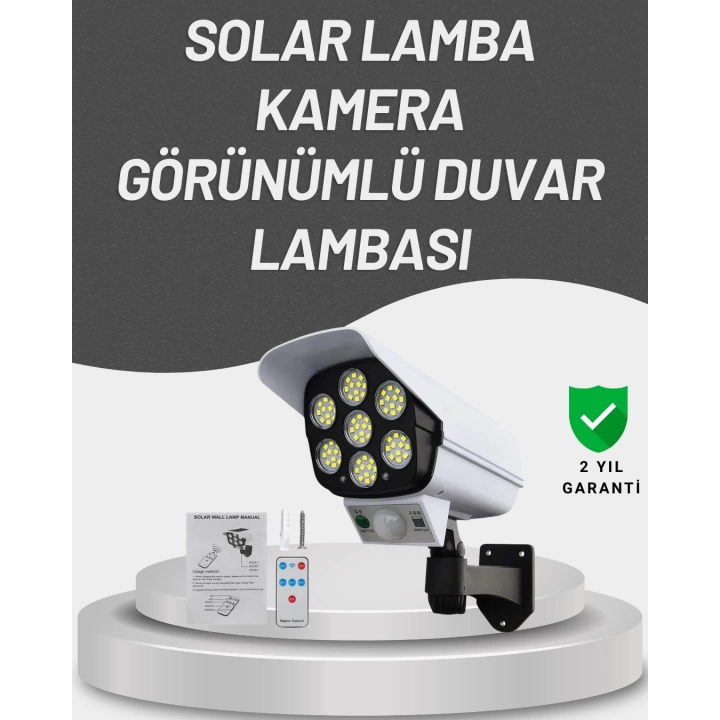 77 LEDli Güneş Enerjili Güvenlik Lambası ve Kukla Kamera – Hareket Sensörlü, 2400mAh Pilli