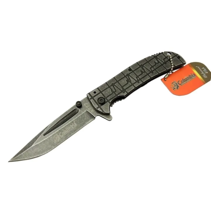 A777 Oluklu Eskitme Kamp Çakı Bıçağı 23 Cm - Otomatik, Desenli Metal Saplı