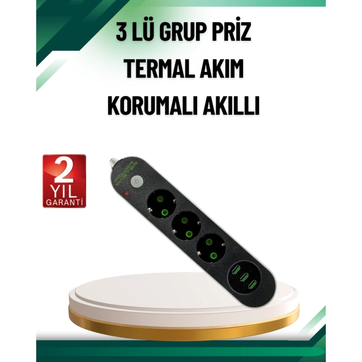 Akım Korumalı Anahtarlı USB Girişli Üçlü Priz