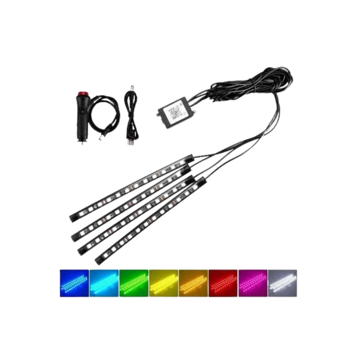 Araç İçi Ayak Altı Led 12 Led Işık Sese Müziğe Duyarlı RGB Işıklı Aydınlatma Seti