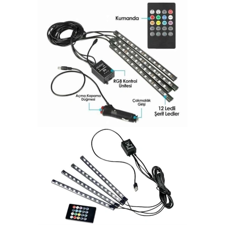 Araç İçi Ayak Altı Led 12 Led Işık Sese Müziğe Duyarlı RGB Işıklı Aydınlatma Seti