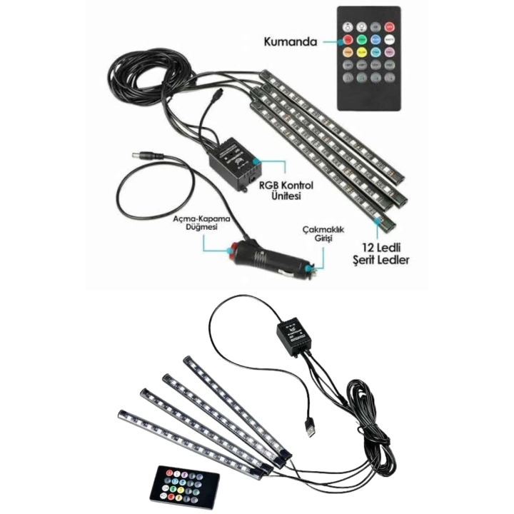 Araç İçi Ayak Altı Led 12 Led Işık Sese Müziğe Duyarlı RGB Işıklı Aydınlatma Seti