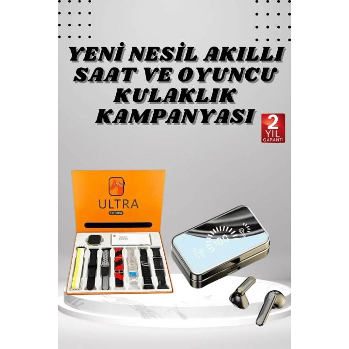 Aynalı Bluetooth Kulaklık ve 7 Kordonlu Akıllı Saat Dijital Göstergeli Uzun Pil Ömrü