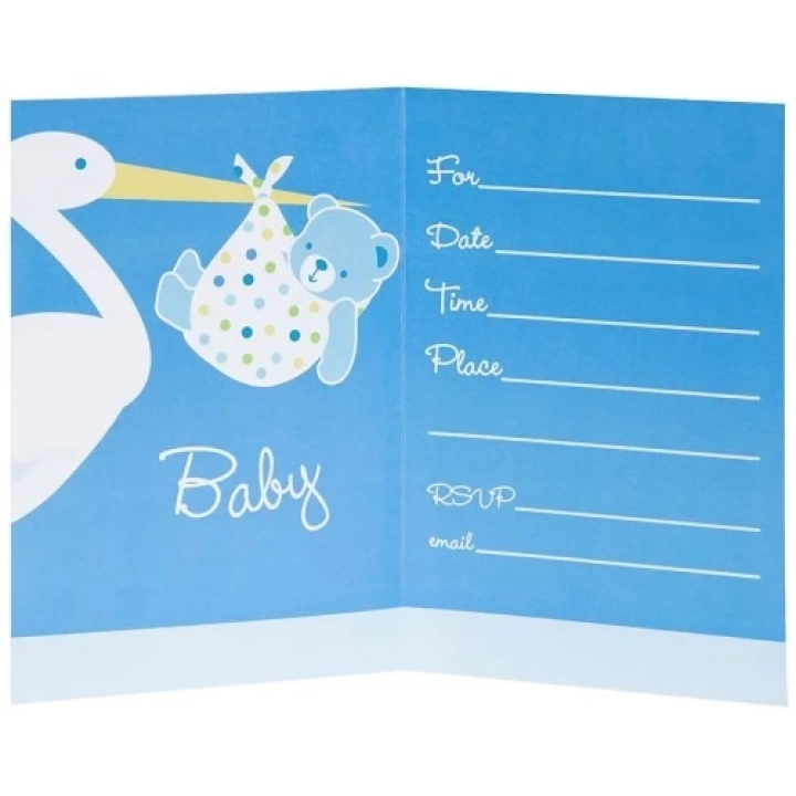 Baby Boy Stork Temalı Mavi Davetiye 8 Adet