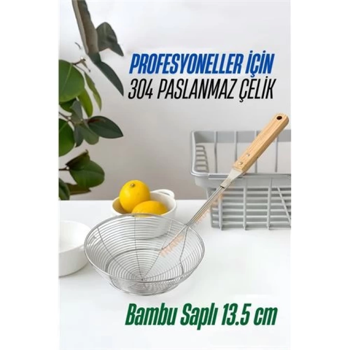 Bambu Saplı Kevgir Süzgeç 304 Paslanmaz Çelik 13.5 cm