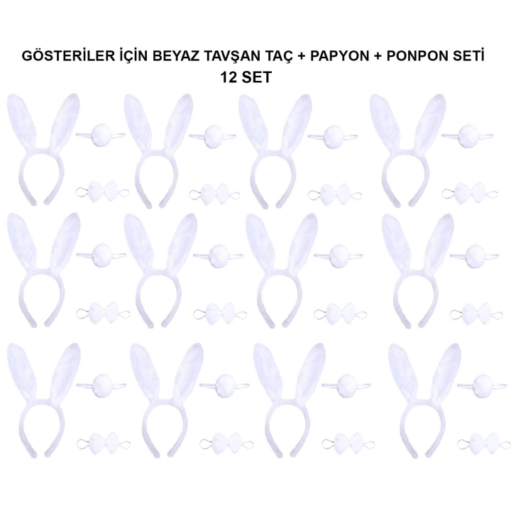 Beyaz Tavşan Kostüm Seti – Taç, Papyon, Kuyruk (12’li Paket)