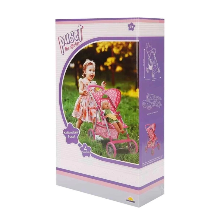 BFS  0664 Puantiye Desenli, 4 Tekerlekli ve Tenteli Oyuncak Puset - Sunman