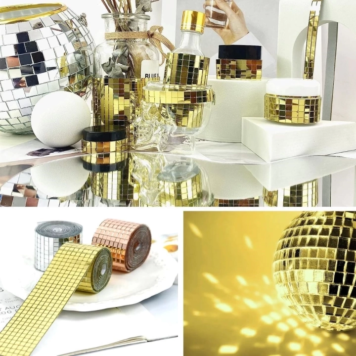 BFS  1 Metre Uzunluğunda Gold Renk Aynalı Mozaik Taşlı Dekor Bandı 4 cm x 1 mt