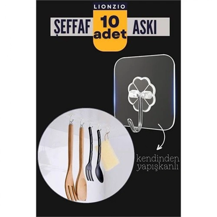 BFS 10lu Şeffaf Kendinden Yapışkanlı Güçlü Askı Kancası, Banyo Mutfak Organizer, İz Bırakmaz Pratik Askı