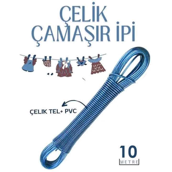 BFS  10 mt Çelik Çamaşır İpi Pvc Kaplı Dayanıklı Çamaşır İpi Balkon Çamaşır İpi