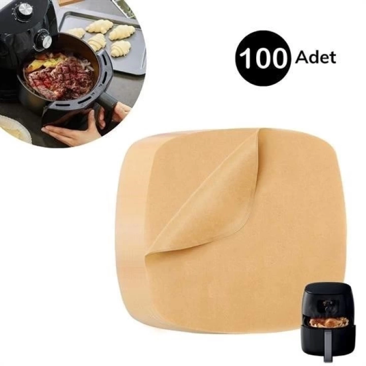 BFS 100 Adet Air Fryer Pişirme Kağıdı Tek Kullanımlık Yağ Su Geçirmez Yapışmaz Deliksiz Düz Kare Model