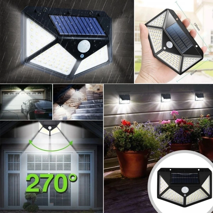 BFS  100 Ledli 3 Farklı Aydınlatma Ayarlı Solar Güneş Enerjili Hareket Sensörlü Bahçe Duvar Lambası