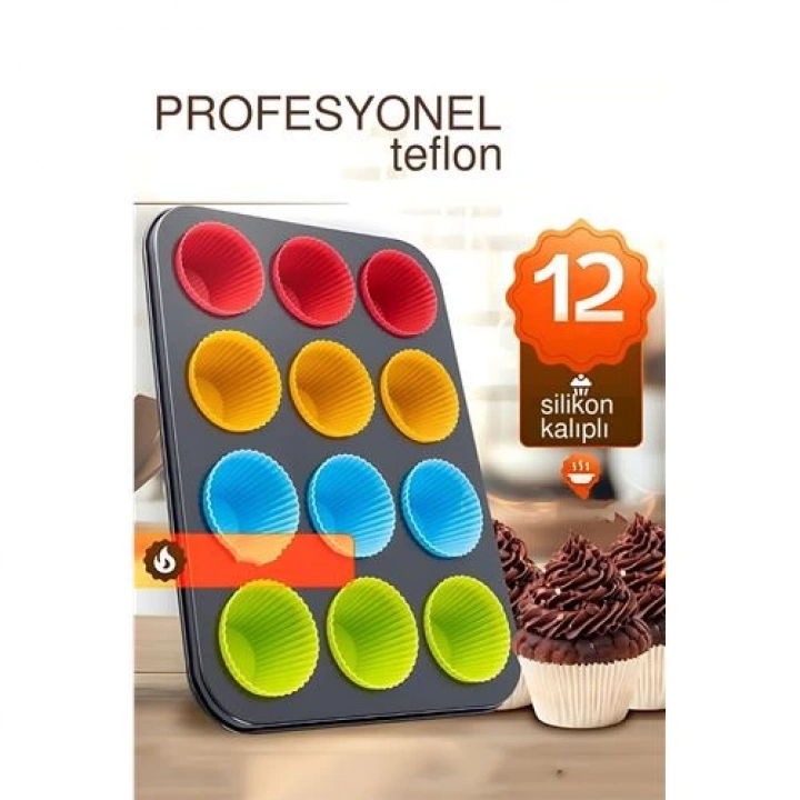 BFS  12 li Muffin Kalıbı Teflon Çelik - 12 ADET Silikon Muffi  Kalıplı SET