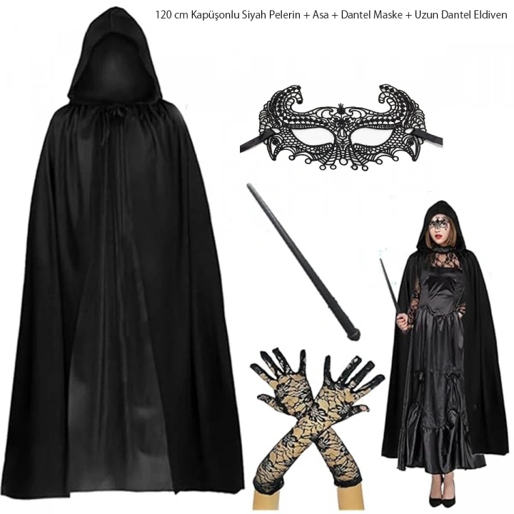 BFS 120 Cm Kapüşonlu Siyah Pelerin + Asa + Dantel Maske + Uzun Dantel Siyah Eldiven Kostüm Seti