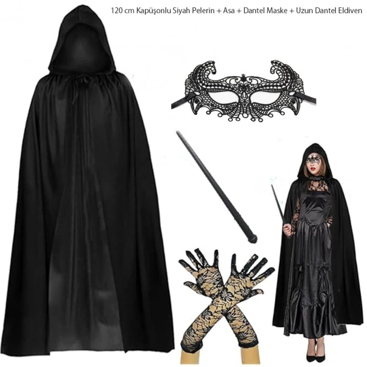BFS 120 cm Kapüşonlu Siyah Pelerin + Asa + Dantel Maske + Uzun Dantel Siyah Eldiven Kostüm Seti