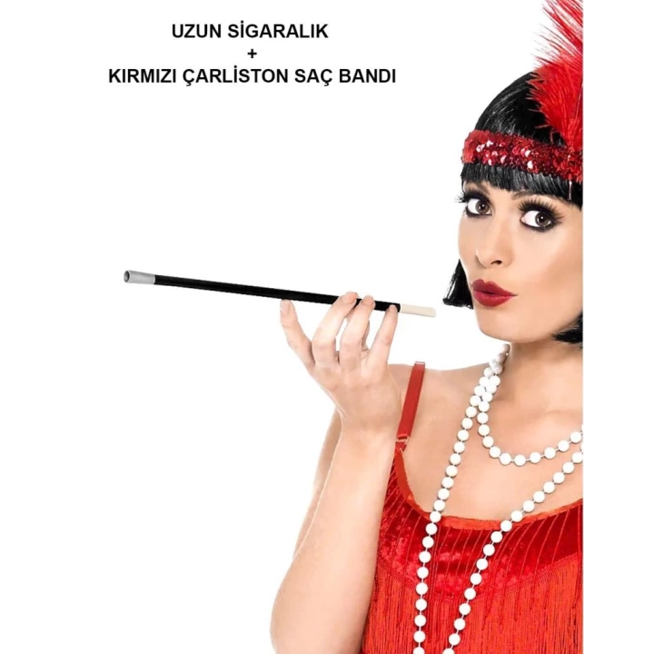 BFS   1920&amp;#39;ler 1990&amp;#39;lar Gatsby Kadın Aksesuar Seti – Kırmızı Charleston Saç Bandı ve Sigaralık