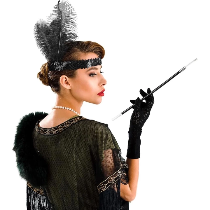 BFS   1920&amp;#39;ler Gatsby Aksesuar Seti – Siyah Charleston Saç Bandı &amp; Sigaralık