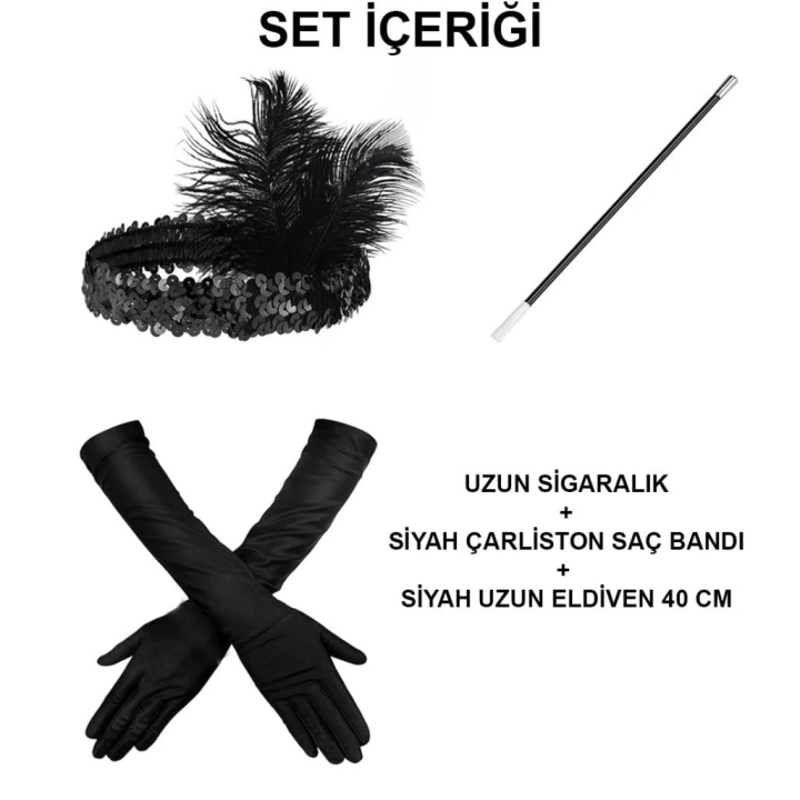 BFS   1920&amp;#39;ler Gatsby Aksesuar Seti – Siyah Charleston Saç Bandı, Uzun Eldiven &amp; Sigaralık