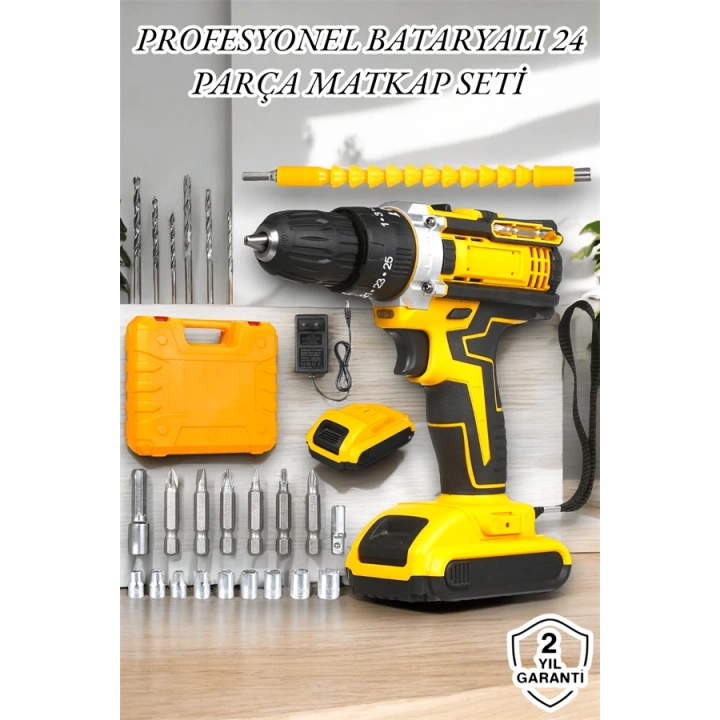 BFS 24 Parça Çift Bataryalı Şarjlı Matkap Seti 24W Motor ve Otomatik Mil Kilitli Tasarım