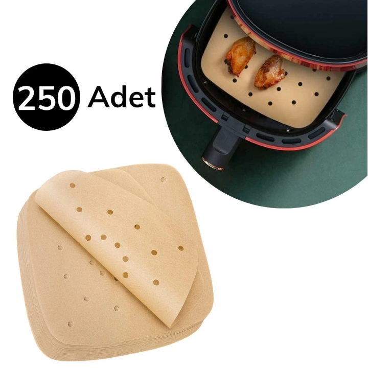 BFS  250 Adet Air Fryer Pişirme Kağıdı Tek Kullanımlık Hava Fritöz Yağ Geçirmez Yapışmaz Gıda Pişirme Kağıdı Delikli Kare Model