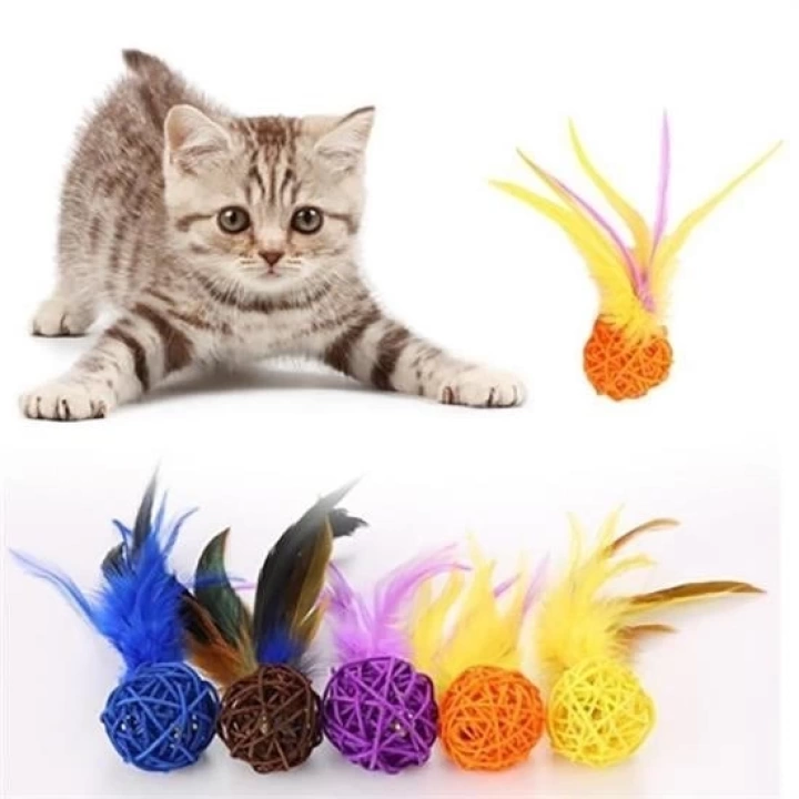 BFS  2li Rattan Renkli Peluş Tüy Kedi Köpek Oyuncak Yakalama Çiğneme Çıngıraklı Top Oyuncağı
