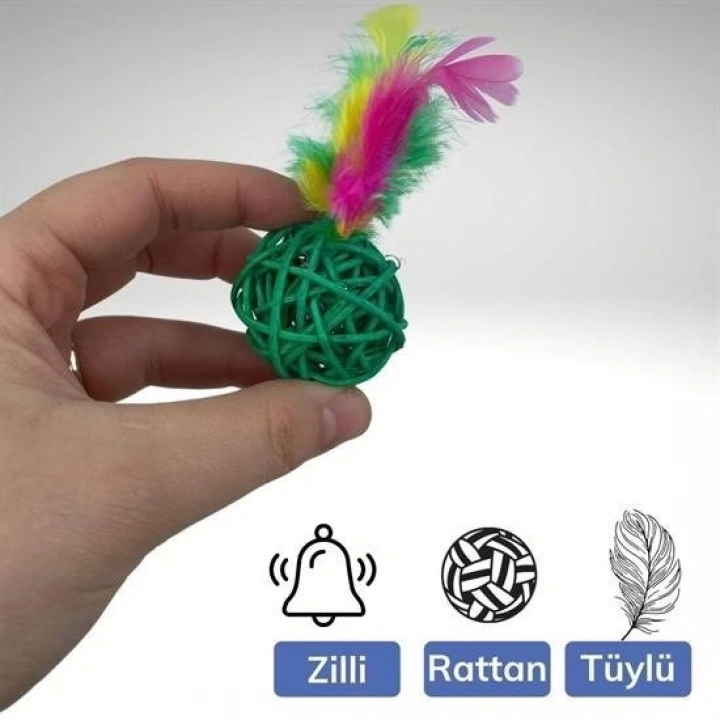 BFS  2li Rattan Renkli Peluş Tüy Kedi Köpek Oyuncak Yakalama Çiğneme Çıngıraklı Top Oyuncağı