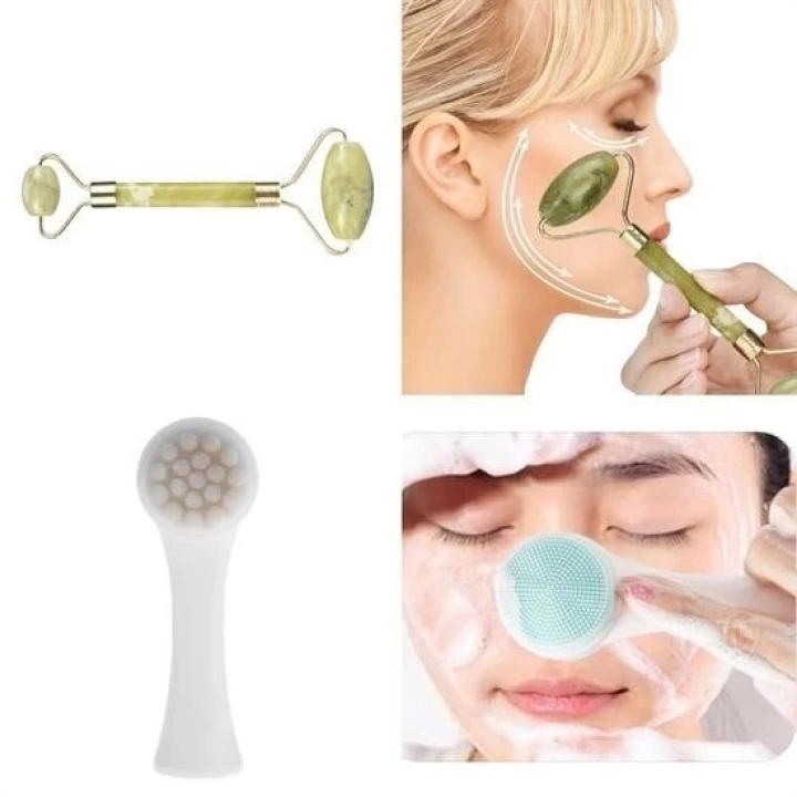 BFS  2li Set Çift Taraflı Cilt Temizleme Fırçası ve Yeşim Taşı Çift Taraflı Cilt Masaj Aleti