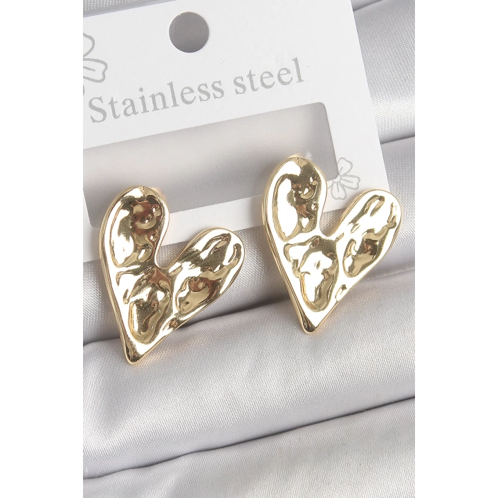 BFS 316 Çelik Gold Renk İşlemeli Kalp Model Kadın Küpe