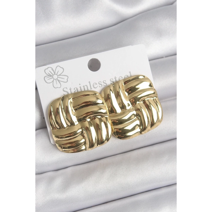 BFS 316 Çelik Gold Renk İşlemeli Kare Plaka Model Kadın Küpe
