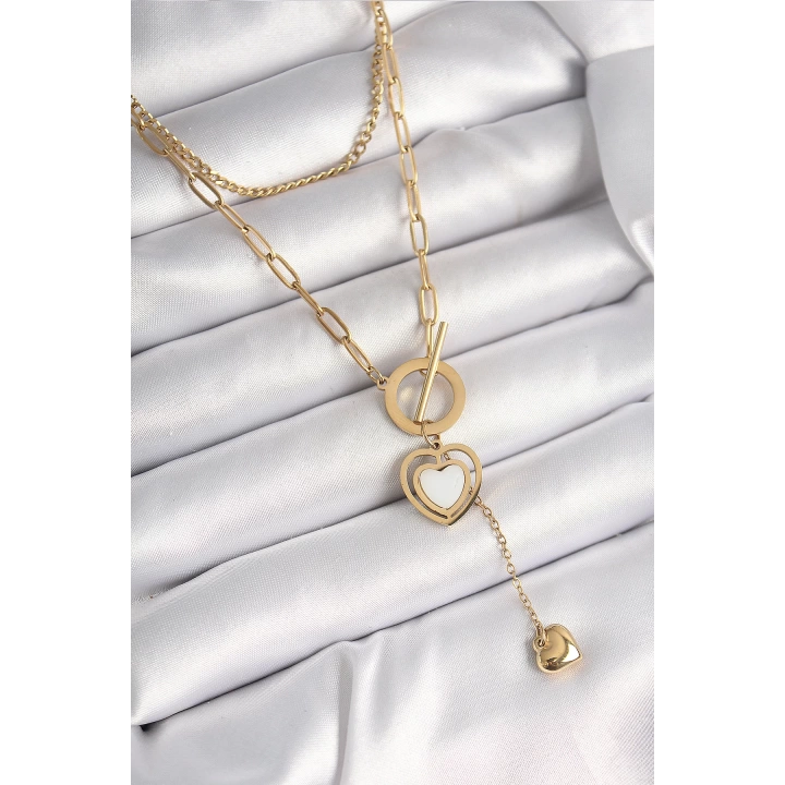 BFS 316L Çelik Gold Renk 2Li Zincir Model Sallantı Detay Kadın Kolye
