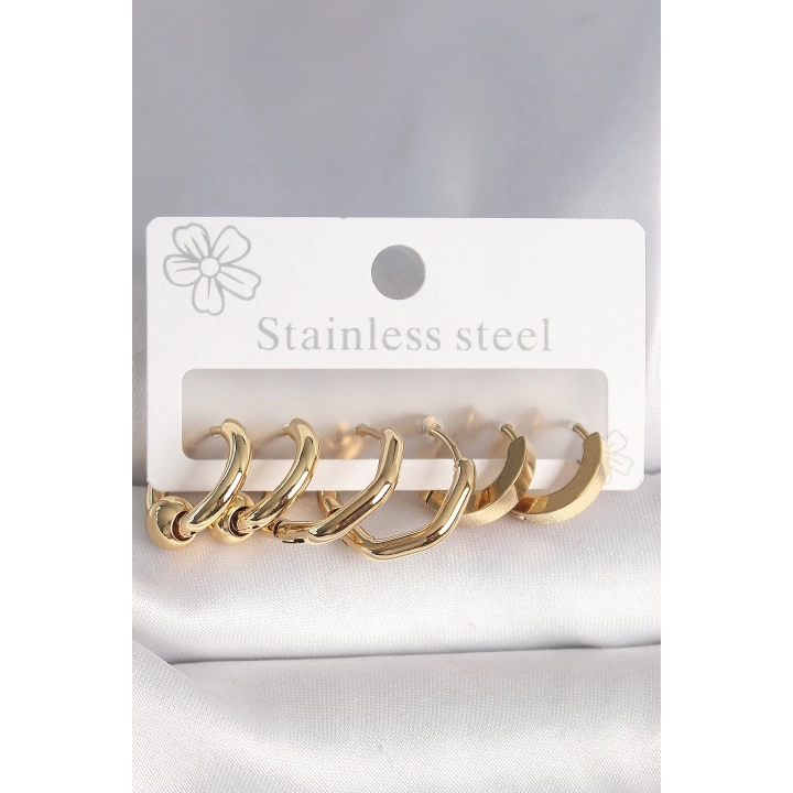 BFS 316L Çelik Gold Renk Altıgen Halka Model Kadın Küpe Seti