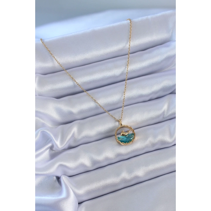 BFS 316L Çelik Gold Renk Balina Figür Kristal Taşlı Kadın Kolye