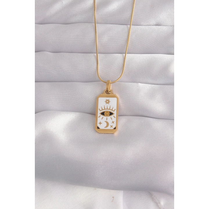 BFS 316L Çelik Gold Renk Beyaz Mineli Göz Figür Tarot Kolye