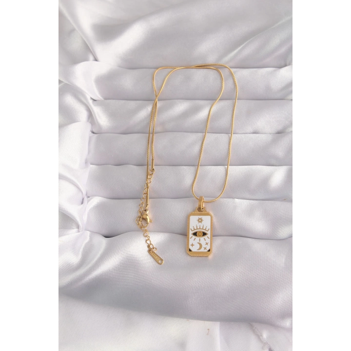 BFS 316L Çelik Gold Renk Beyaz Mineli Göz Figür Tarot Kolye