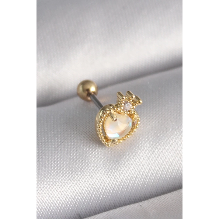BFS 316L Çelik Gold Renk Beyaz Mineli Kalp Zirkon Taş Detaylı Taç Tragus Piercing