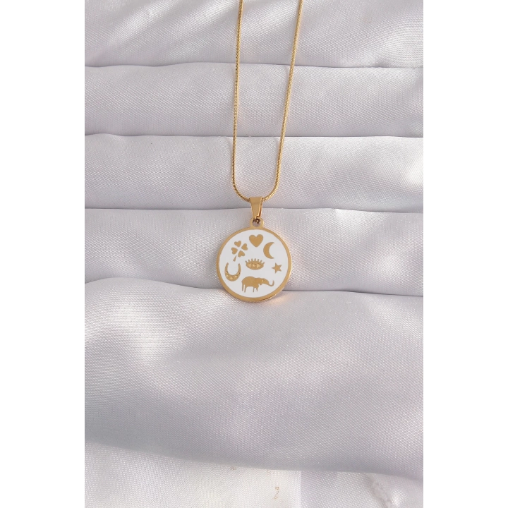 BFS 316L Çelik Gold Renk Beyaz Mineli Karışık Figürlü Tarot Kolye