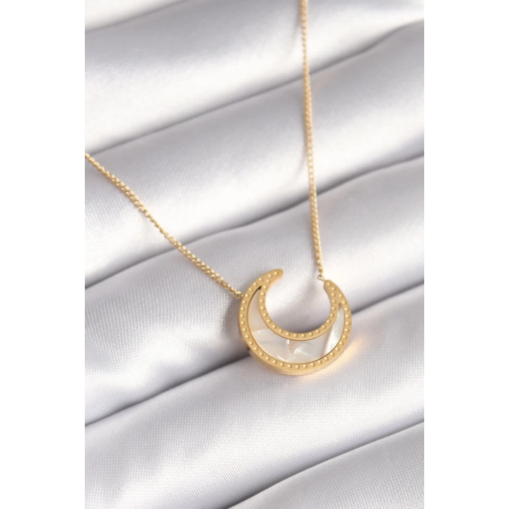 BFS 316L Çelik Gold Renk Beyaz Sedefli Hilal Model Kadın Kolye
