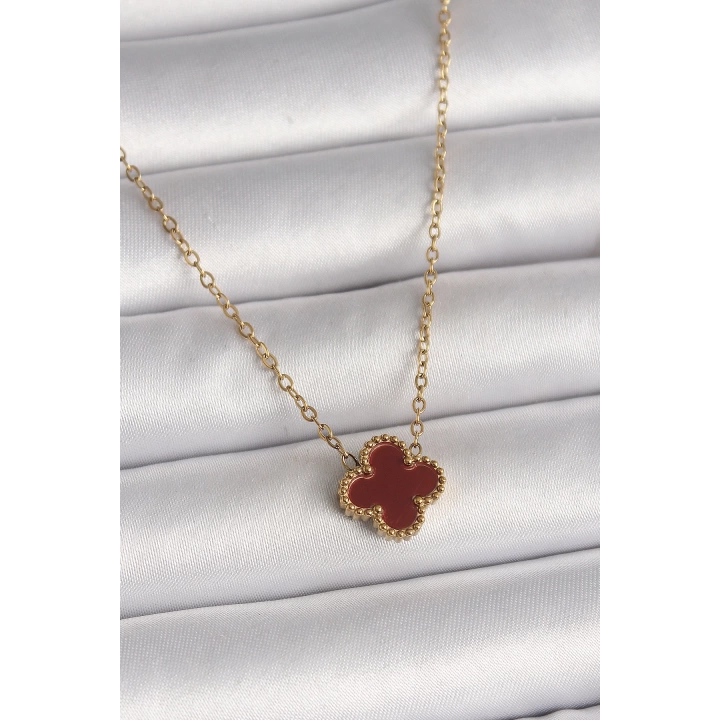 BFS 316L Çelik Gold Renk Bordo Yonca Model Kadın Kolye