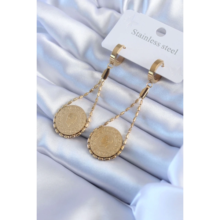 BFS 316L Çelik Gold Renk Çeyrek Model Kadın Küpe