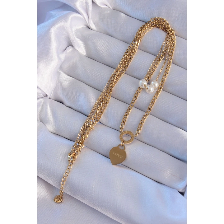 BFS 316L Çelik Gold Renk Çift Zincir İnci Detayı Love Kalp Kolye