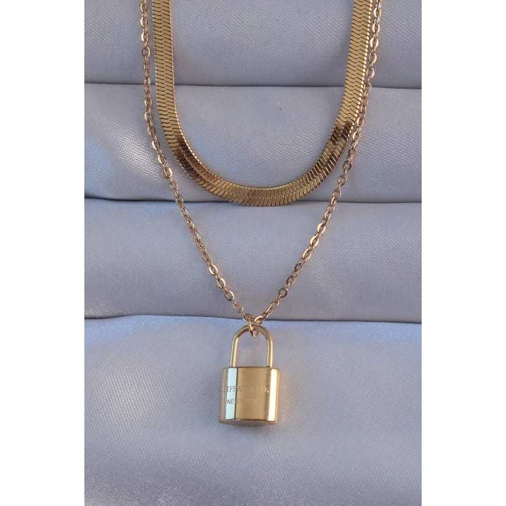 BFS 316L Çelik Gold Renk Çift Zincir Kilit Model Kolye