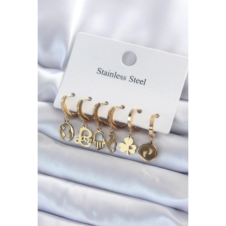 BFS 316L Çelik Gold Renk Çoklu Figür Model Kadın Küpe Seti