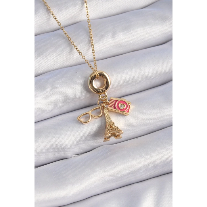 BFS 316L Çelik Gold Renk Eyfel Kulesi Fotoğraf Makinesi Figür Charm Model Kadın Kolye