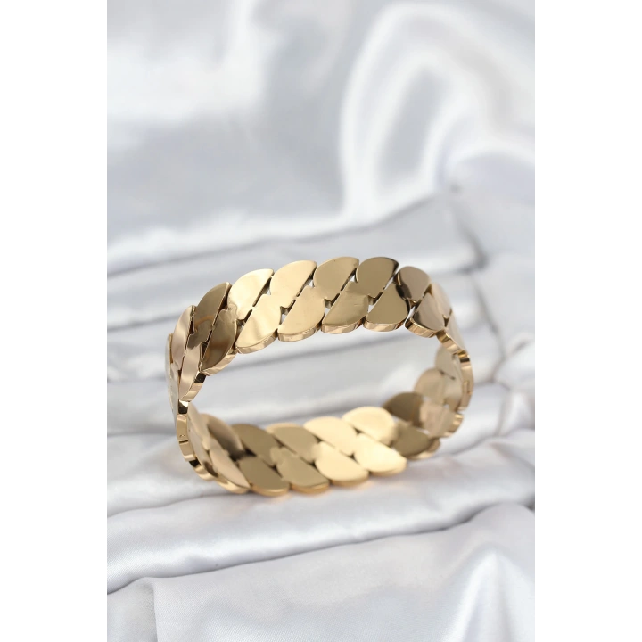 BFS 316L Çelik Gold Renk Ezme Zincir Model Kadın Kelepçe Bileklik