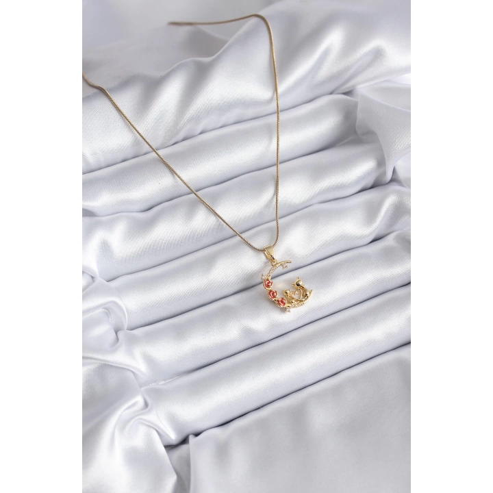 BFS 316L Çelik Gold Renk Hilal Kedi Model Zirkon Taşlı Detay Kadın Kolye