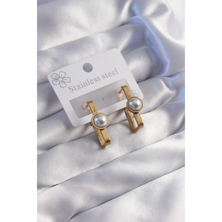 BFS 316L Çelik Gold Renk İnci Taşlı Dikdörtgen Model Küpe