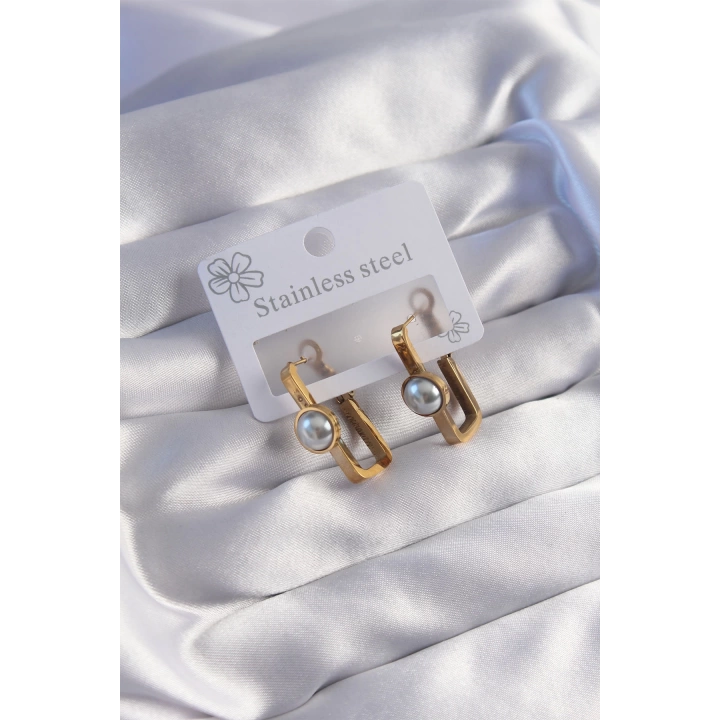 BFS 316L Çelik Gold Renk İnci Taşlı Dikdörtgen Model Küpe