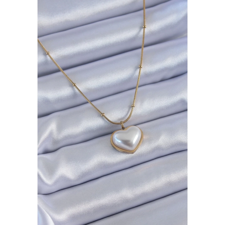 BFS 316L Çelik Gold Renk İncili Kalp Model Minimal Top Detay Kadın Kolye