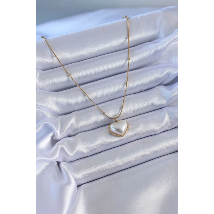 BFS 316L Çelik Gold Renk İncili Kalp Model Minimal Top Detay Kadın Kolye