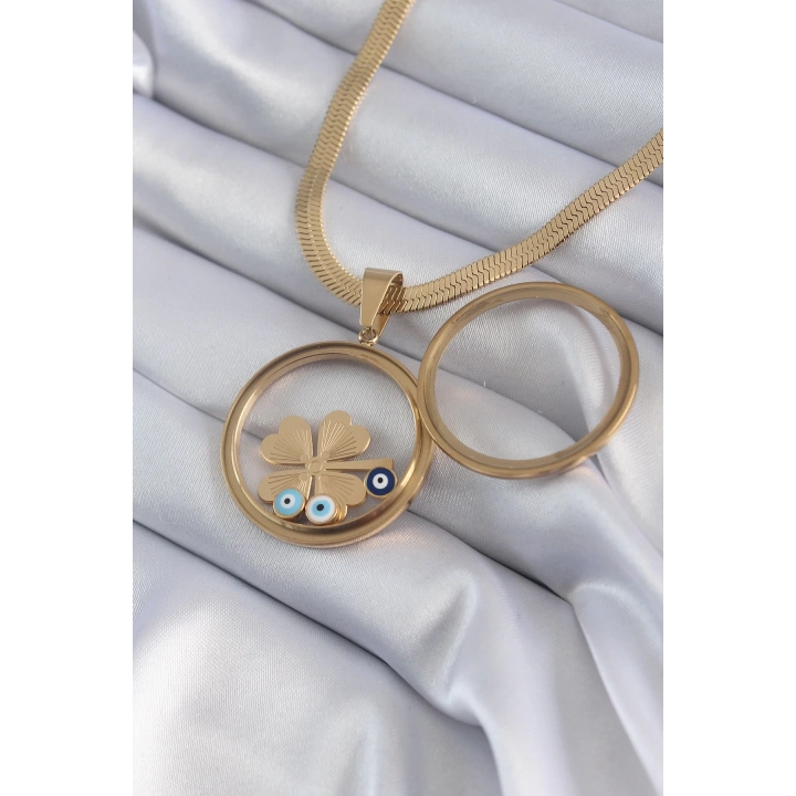 BFS 316L Çelik Gold Renk İtalyan Zincir Açılabilir Fanus Yonca Figür Model Kadın Kolye